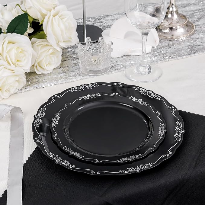 DaYammi 60PCS Black and Silver Plastic Plates, Heavy Duty Black and Silver - Image 8