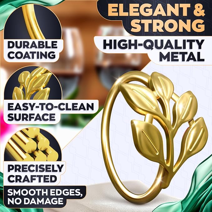 20 Pcs Gold Napkin Rings with Leaf Design, 1.38 Inch Inner Diameter | - Image 3
