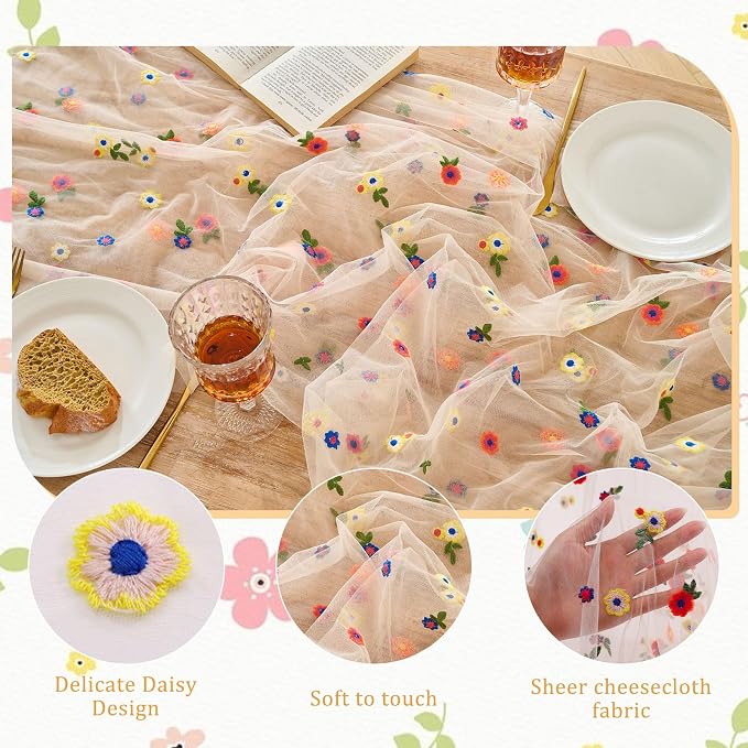BINBE 6pcs Champagne Daisy Spring Table Runner Embroidery Gauze 10FT Florals - Image 3