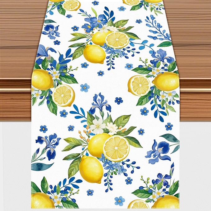 Lemon and Blue Floral Table Runner, 72 x 13 inches, Easy Care Machine Washable by Unknown