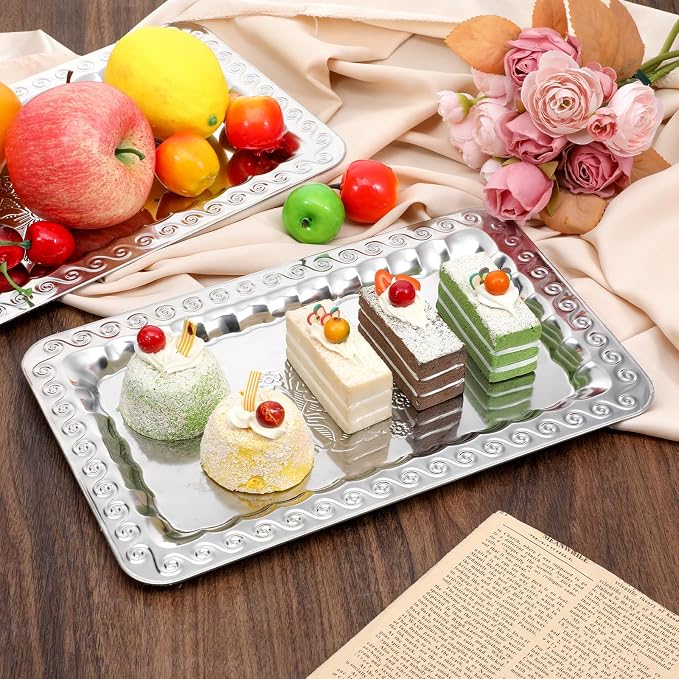 6 Pcs Silver Serving Trays, 13.8" x 8.7" Stainless Steel Rectangle Serving Tray - Image 5