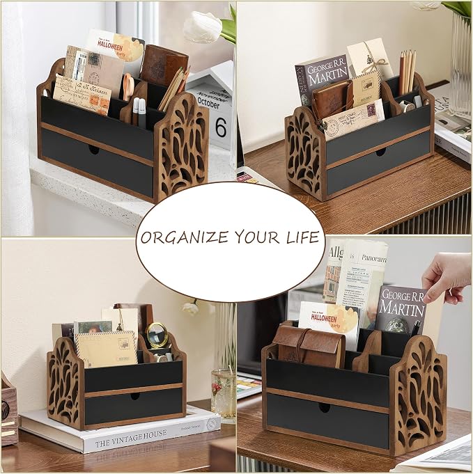 Desk Organizer with Drawer Wood File Office Mail Organizer Countertop | 5 Slot - Image 6