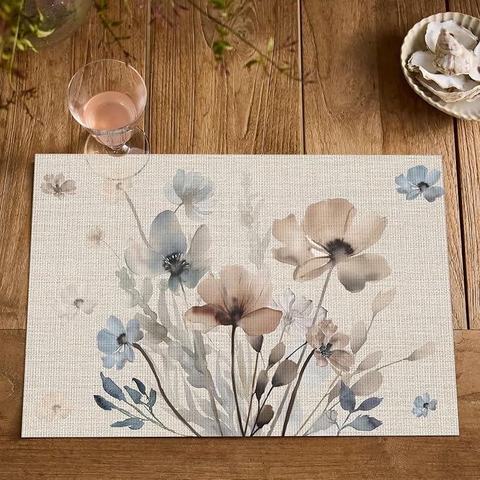 Artoid Mode Brown Poppy Floral Vinyl Plastic Placemats Set of 4, Washable - Image 7