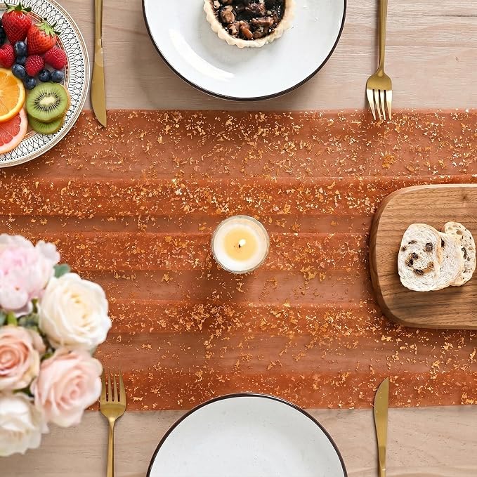 Artoid Mode 3PCS Caramel Gauze Gold Table Runner 120 Inch 10FT, Glitter - Image 7