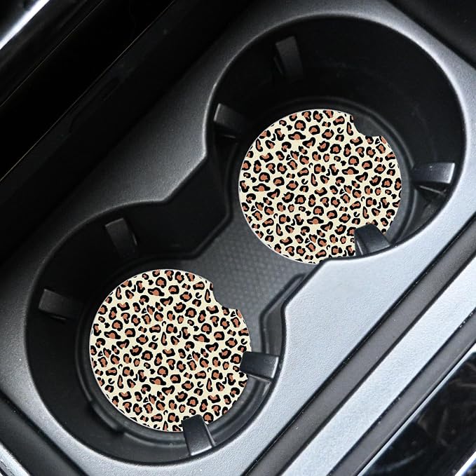 2pcs Leopard Print Car Coasters, Absorbent Universal neoprener Cup Holder - Image 3