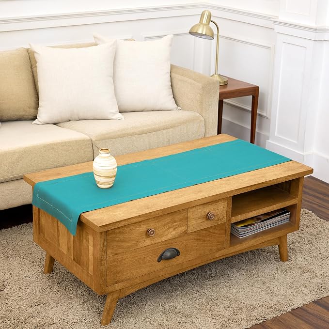 Solino Home 100% Pure Linen Table Runner Teal, Classic Hemstitch 14 x 48 in | by SolinoHome