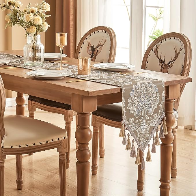 Loom and Mill Damask Floral Table Runner 108 Inches Long, Light Coffee | Luxury - Image 3