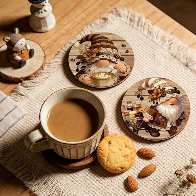 10pcs Coasters for Drinks Cute Coffee Gnome Absorbent Coasters Set Round - Image 4