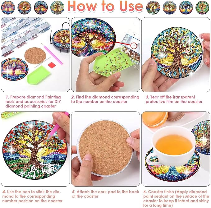 ijbnhd 8 PCS Tree of Life Diamond Art Coasters | Diamond Painting Coasters Kits - Image 7