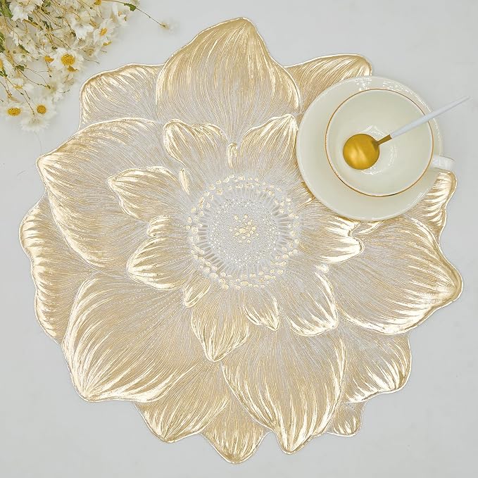 Gold Placemats Set of 6, Creative 3D Flower Placemats Waterproof Oil-Proof | by AdasBridal