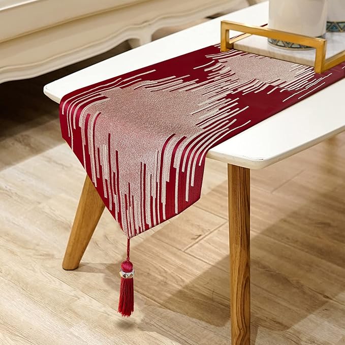 Luxury Red Faux Silk Table Runner, Modern Geometric Lines, Tassel | Table by Jiino