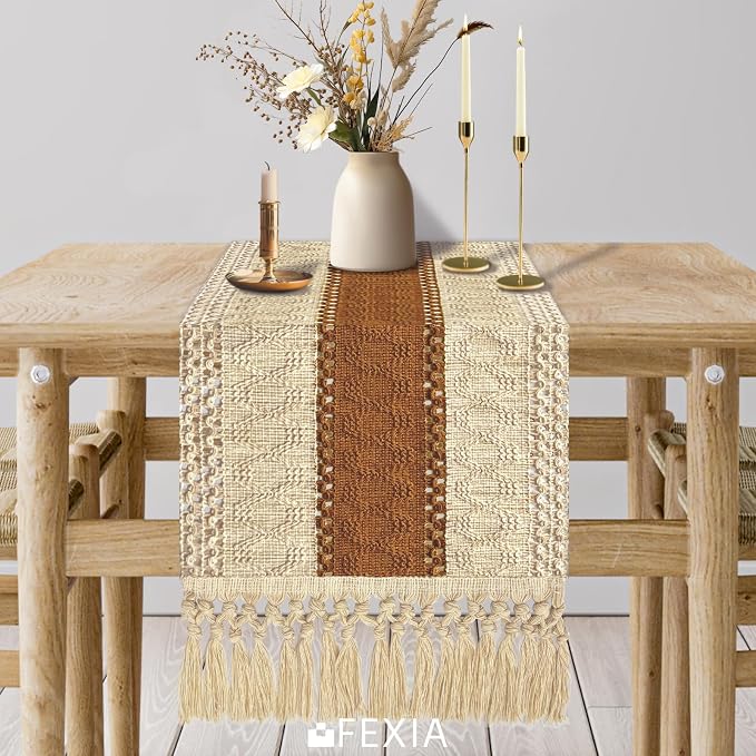 Boho Table Runner for Home Decor 12x36 Fall Coffee Table Decor Caramel | 36 - Image 6
