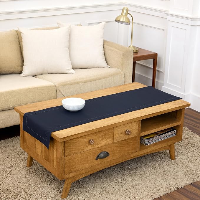Solino Home Cotton Linen Table Runner Navy, Hemstitch Collection 14 x 60 in | by SolinoHome
