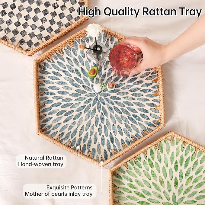 Hexagon Rattan Tray with Mother of Pearl Inlay, Rattan Serving Tray - Image 2