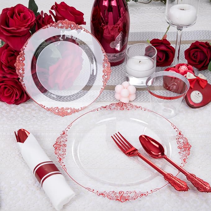 350 Pcs Clear Red Plates for Party | Red Party Plates Set for 50 Guests - Image 4