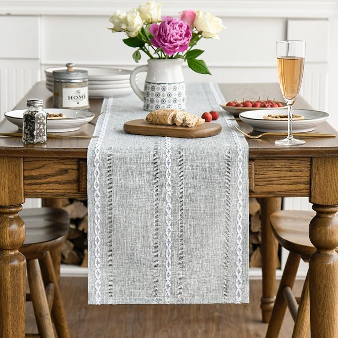 Artoid Mode Grey Rustic Cotton Linen Table Runner, Seasonal Embroidered Hollow - Image 3