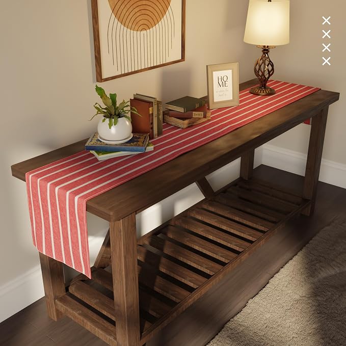 Encasa XO Table Runner, Woven Cotton Dining Runner 13"x104" | Roma Red Stripes - Image 2