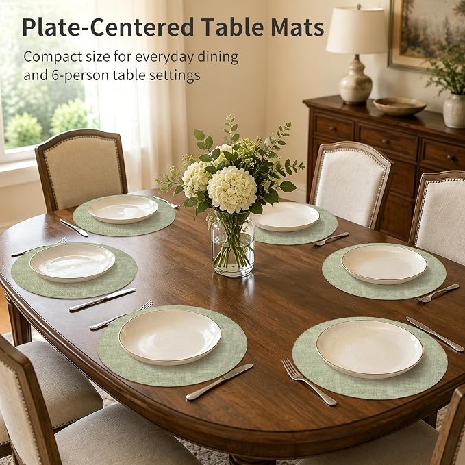 Maxpearl Faux Leather Round Placemats Set of 6, 13.8 inch, Light Green | - Image 2