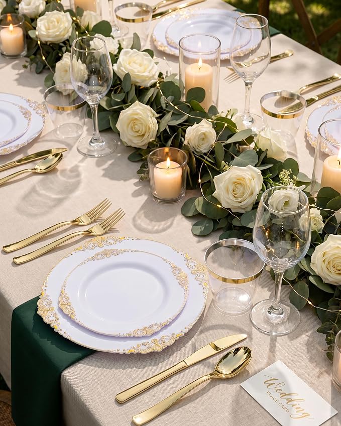 Nervure 600Pcs White and Gold Plastic Plates, Dinnerware Set - Image 6