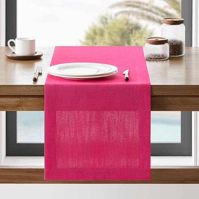 Linen Textured Border Table Runner, 14 x 72 Inch Hot Pink | Mitered Corner by ZEEMARTONLINE