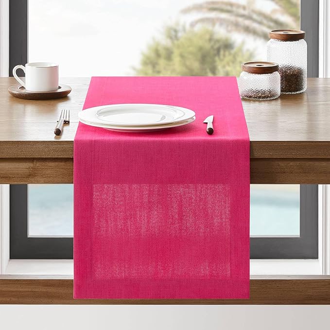 Linen Textured Border Table Runner, 14 x 90 Inch Hot Pink | Mitered Corner by ZEEMARTONLINE