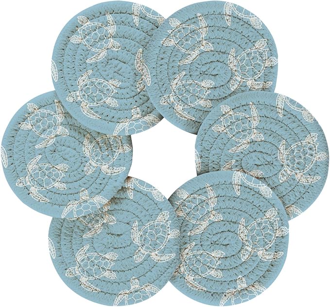 Turtle Blue Print Coasters for Drinks Set of 6 Absorbent Woven Drink Coaster - Image 2