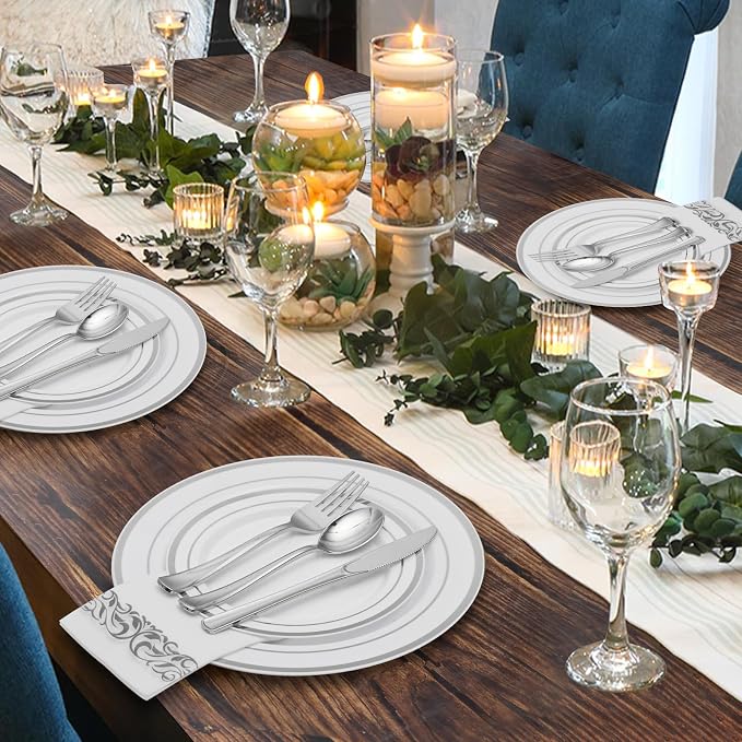 175 Pcs Silver Dinnerware Sets for 25 Guests, Disposable Plate Set | Plastic - Image 8