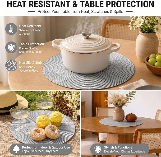 FunWheat Round Braided Placemats Set of 6 Table Mats - Image 7