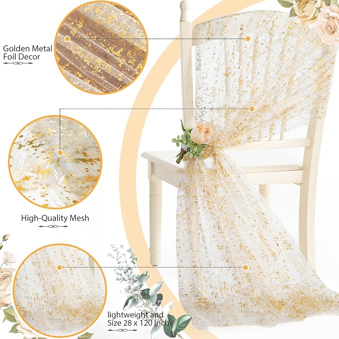 SiinvdaBZX 4 Pcs White Gold Sheer Tulle Table Runner 120 Inch/10 Ft Long | - Image 4