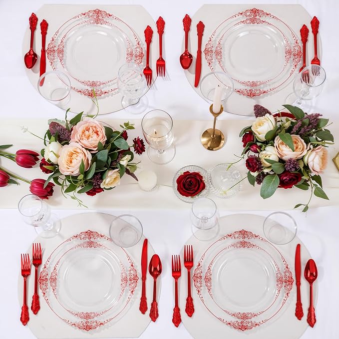 Nervure 100Pcs Clear Red Plastic Plates, Party Plates Set - Image 7