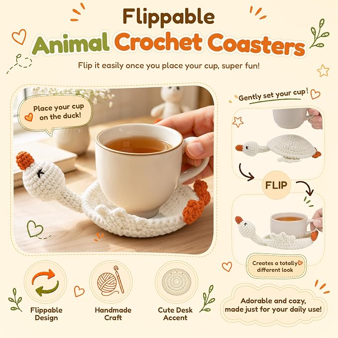 Handmade Crochet Coasters, Fun 3D Animal Flippable Drink Coasters Cute Soft Cup - Image 2
