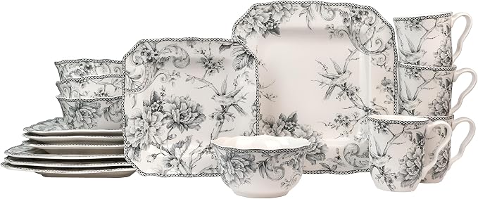 222 Fifth Adelaide Grey 16-Piece Floral Porcelain Dinnerware Set | Microwave by 222Fifth