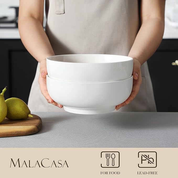 MALACASA Large Serving Bowls, 60 OZ White Salad Bowls Set of 2 | Ceramic Bowls - Image 3