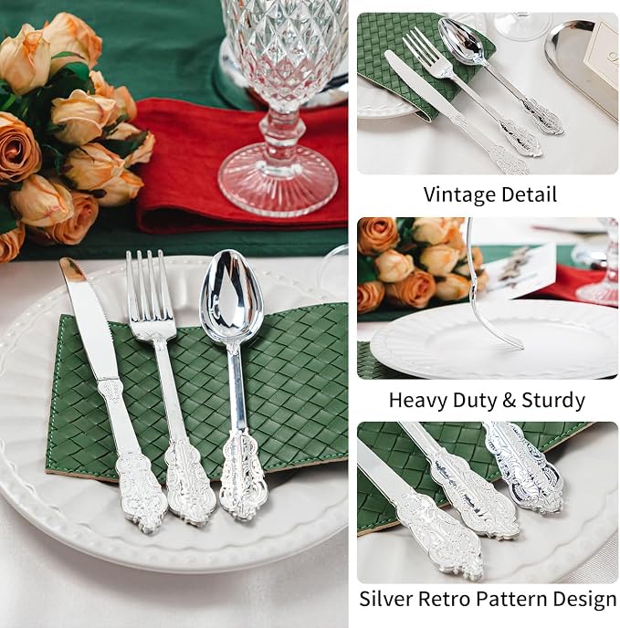 120PCS Silver Plastic Silverware, Vintage Disposable Utensils & Cutlery | 40 - Image 3