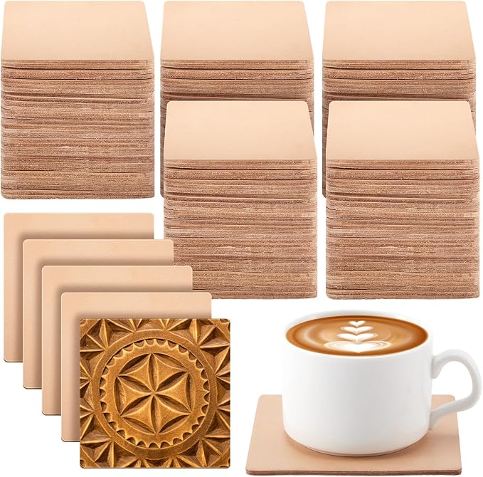 Bulyoou 50 Pcs Square Vegetable Tan Leather Coaster 4" Tooling | Veg Tan Leather by Bulyoou