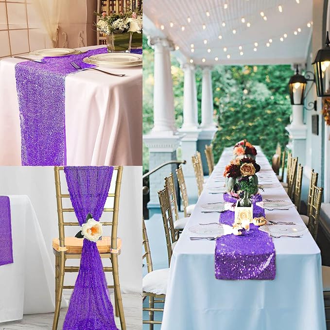 12 Packs 12 X 72 Inch Purple Sequin Table Runner Glitter Dining Table Runner - Image 8