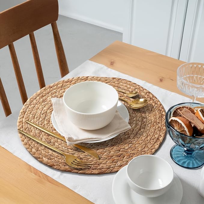Aofmee 13.8 inch Round Woven Placemats Set of 6, Boho Rattan Place Mats - Image 5