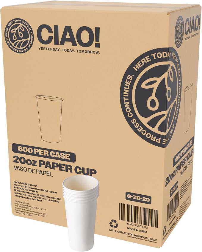 CIAO! 20oz White Paper Hot Cup, Disposable, 90mm Diameter 600 Count by Ciao