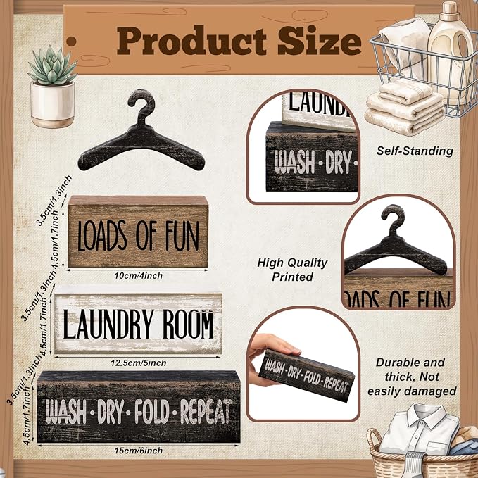 Moucuny 4 Pcs Farmhouse Laundry Room Decor and Accessories Stacked Blocks Loads - Image 2