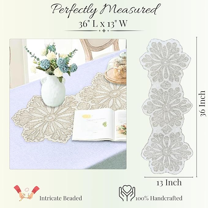 Handmade Beaded Table Runner 13x36 Inch – Silver & White Floral Beaded Runner - Image 4