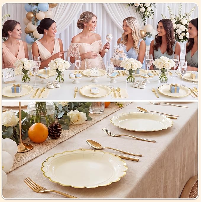 NatNarr 30 Pk Ivory Paper Plates 9" Scalloped Cream Plates - Image 6