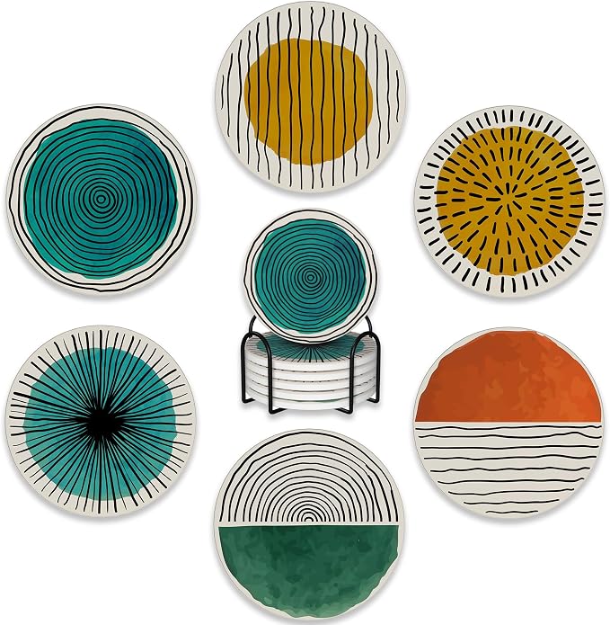 6 Pcs Coasters for Drinks with Holder, Abstract Art Minimalist Absorbent by BUYIDUI