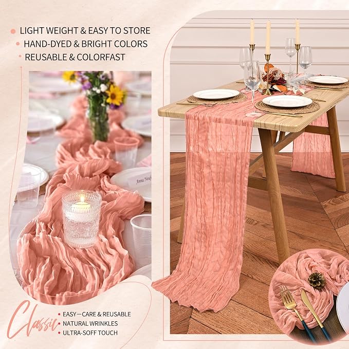 Showgeous 2 Pack Coral Cheesecloth Table Runners Boho Wedding Decor | Rustic - Image 5