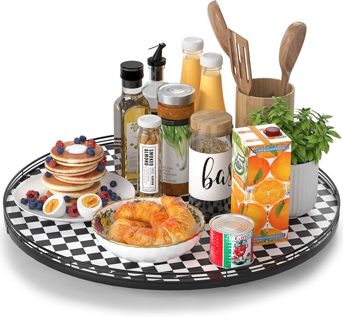 AMH 21-Inch Black and White Checkerboard Lazy Susan Decorative Tray | Smooth by AMH