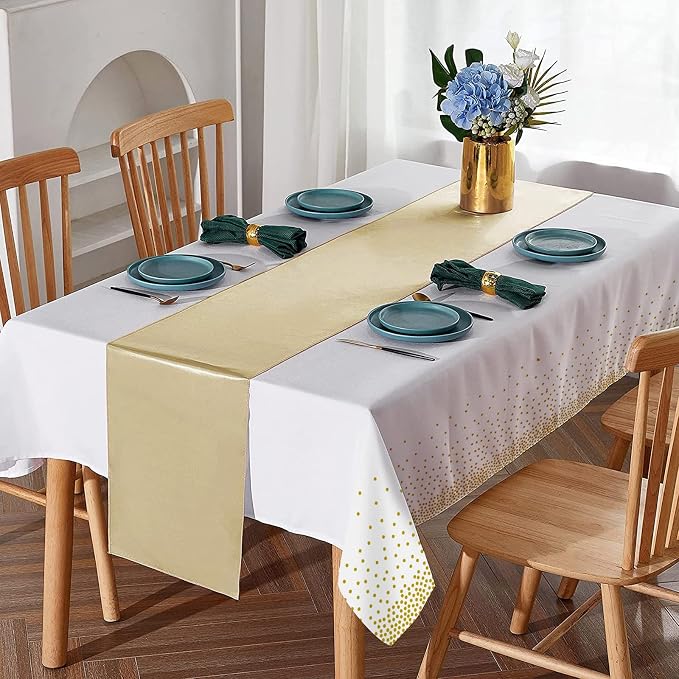 8Pack Disposable Plastic Tablecloths and Satin Table Runner Set White and Gold - Image 4
