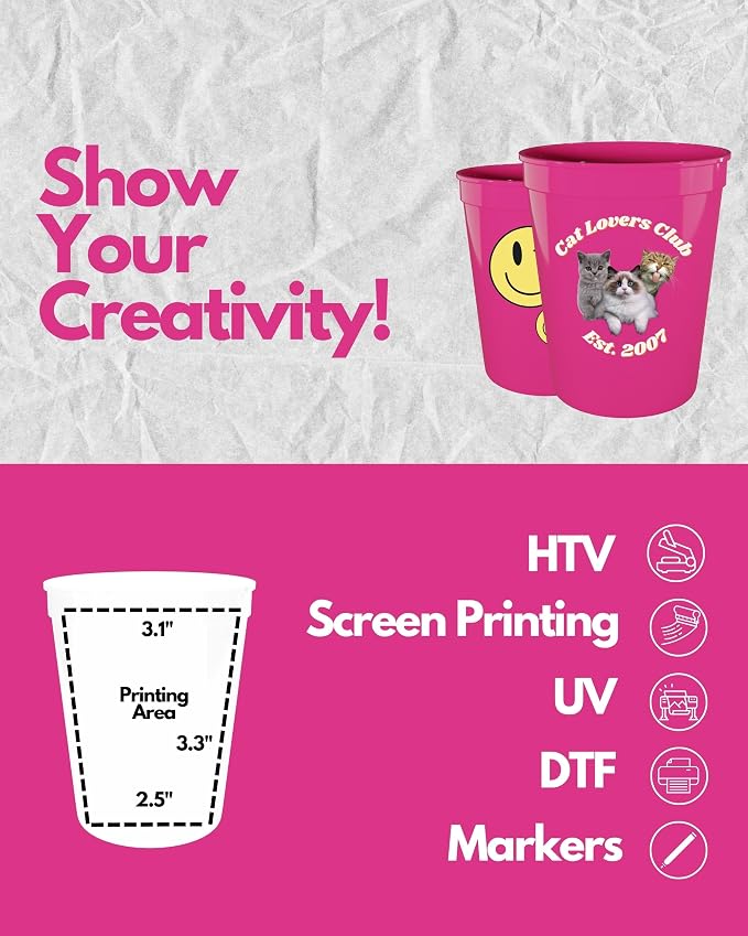 PartyPrints 10 Pack 16 oz Neon Pink Reusable Blank Plastic Cups, Stadium Cups - Image 3