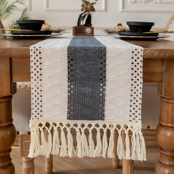 EMMTEEY Boho Table Runner with Tassels 94 Inches Long, Stone Blue | Handmade - Image 5