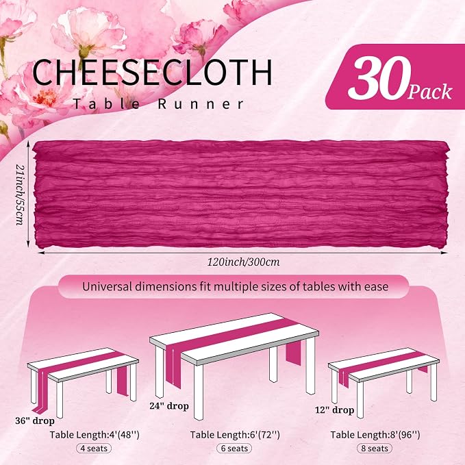30 Pack Cheesecloth Table Runner 10FT Fuschia Table Runner Boho Gauze Cheese - Image 2