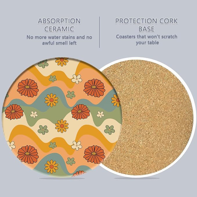 Table Coaster for Drinks Set of 6, Retro 70s Colorful Groovy Round Ceramic - Image 3