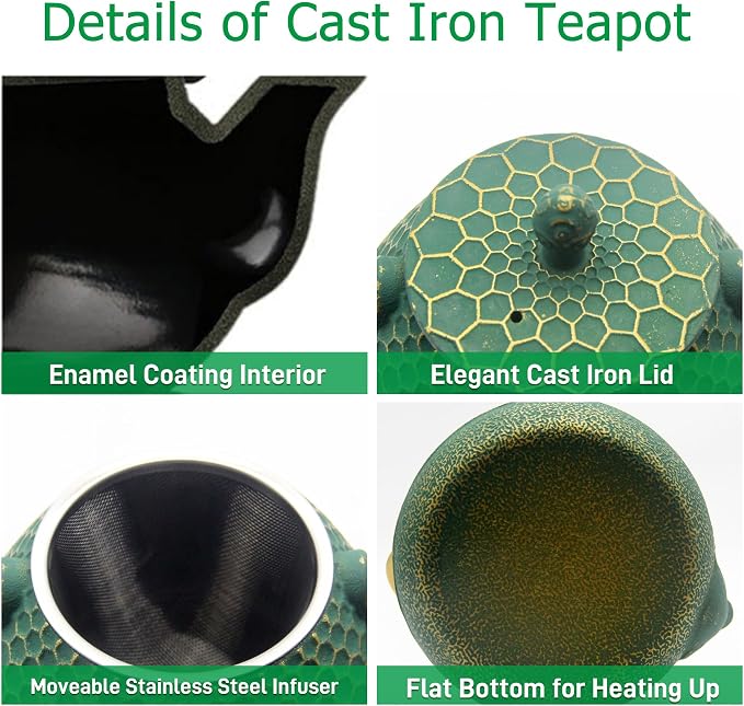 YJX Cast Iron Teapot and Tea Cups Set, 33.8oz Hexagon Pattern Tea Set - Image 8